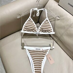 Miu Miu White-Trim Striped Crochet Bikini Bottom